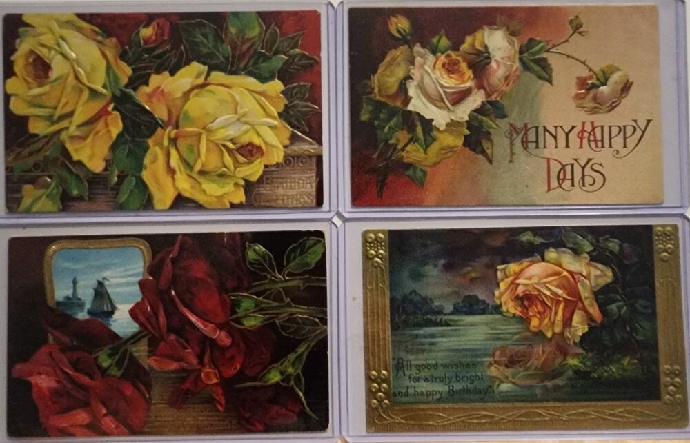 Lot Of Four Vintage Antique Embossed Postcards Flowers Birthday